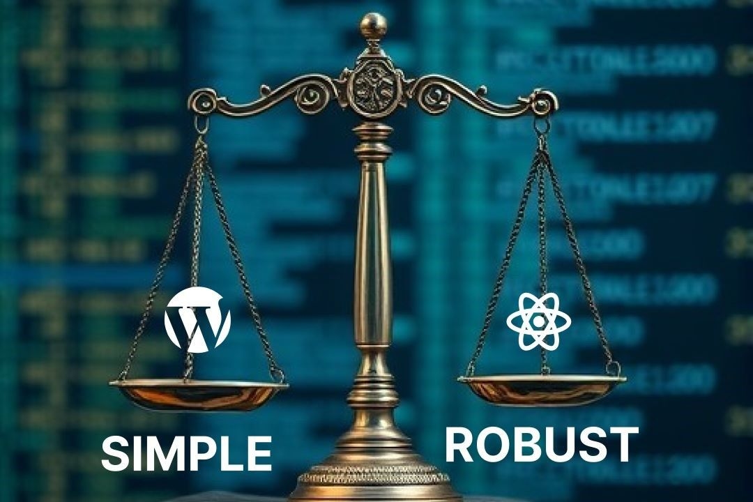 scales of justice with wordpress logo and word simple on the left and react logo and the word 'robust' on the right